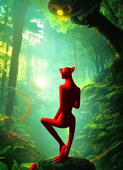 Prompt: cyber monkey in the scifi forest, in style james jean, ilya kuvshinov, hot colors, global illumination ray tracing hdr radiating a glowing aura