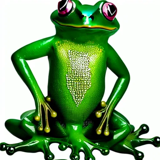 Image similar to Ordinary garden frog transforming into a human Prince with green suit and jeweled crown