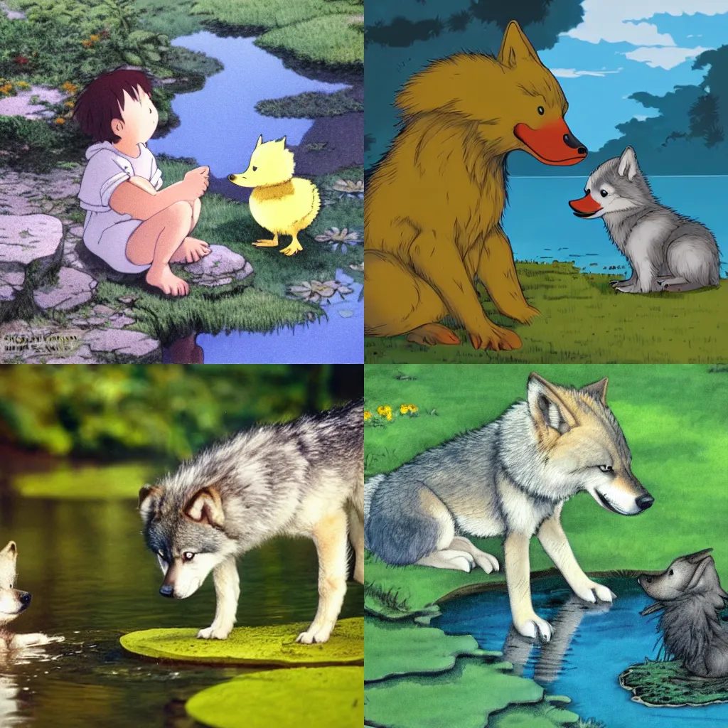 Prompt: cute wolf pup by a pond talking to a fluffy yellow duckling, by studio ghibli
