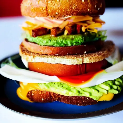 Image similar to one sandwich with fried tofu, one red tomato slice, mayonnaise, one onion ring, avocado, melted cheddar, over a red dish that is on a table, with a sunset and rainbow in the background with saturn and stars in the sky