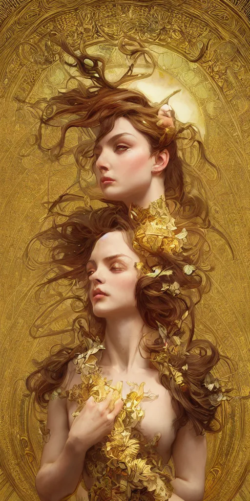 Image similar to portrait of a dream, ethereal, expressive pose, acrobatic, golden eyes, ornate frilly dress, fantasy, intricate, elegant, highly detailed, digital painting, artstation, concept art, smooth, sharp focus, illustration, art by artgerm and greg rutkowski and alphonse mucha