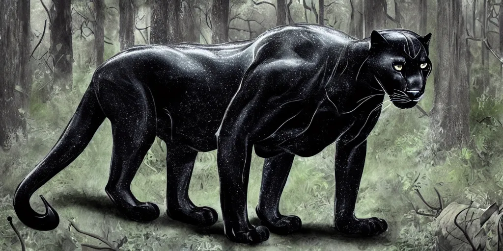 Prompt: a panther, made of smooth black goo, prowling through the forest, viscous, sticky, full of tar, covered with black goo. concept art, painting, animal drawing, color, savanna, wildlife photography, black goo, cinematic, in the style of alan m hunt