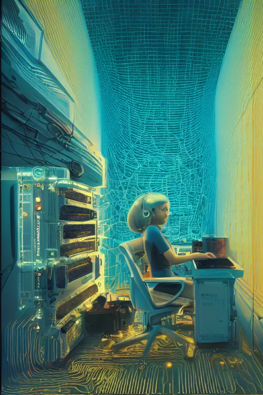 Image similar to Digital concept art, very highly detailed Haker that haking, siting inside the giant very highly detailed computer, by Beeple very highly Detailed by Guy Bourdin and Reka Nyari,on Pentax 67, Kodak Portra 400, soft Cyan Gold light, The Golden Ratio from the distance