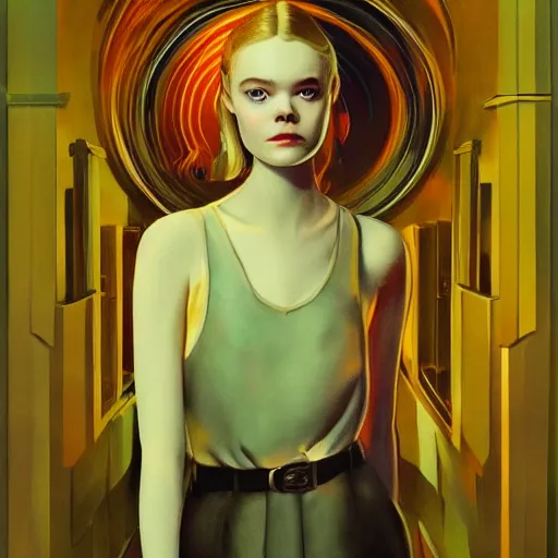 Image similar to Elle Fanning, head and shoulders masterpiece, apocalypse, golden hour, cosmic horror, artstation, in the style of Art Deco and Edward Hopper and Bosch, extremely detailed