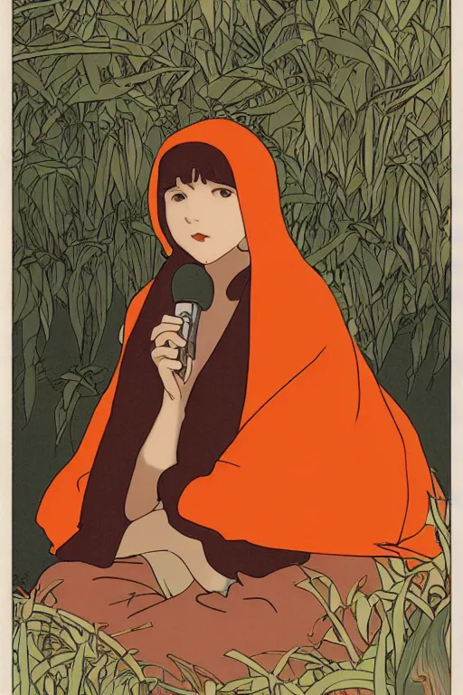 Prompt: a Girl in a large hood sitting on the ground and there have orange slices and album and Microphone around her,Visual Communication Design by studio ghibli and mucha ,Refreshing colour