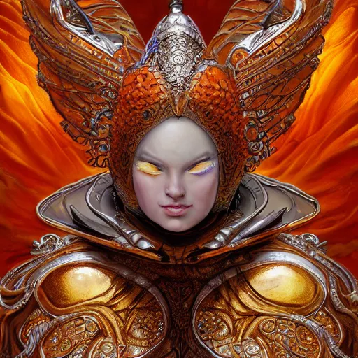 Image similar to a fat orange cat wearing a silver armor with golden ornaments and diamonds jewelry, wings by alex gray and android jones, karol bak, ayami kojima, amano, concept art, character design, fantasy, 3 d, 8 k resolution