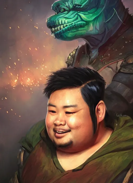 Image similar to slightly chubby asian man with medium black parted hair, dndbeyond, bright, colourful, realistic, dnd character portrait, full body, pathfinder, pinterest, art by ralph horsley, dnd, rpg, lotr game design fanart by concept art, behance hd, artstation, deviantart, hdr render in unreal engine 5