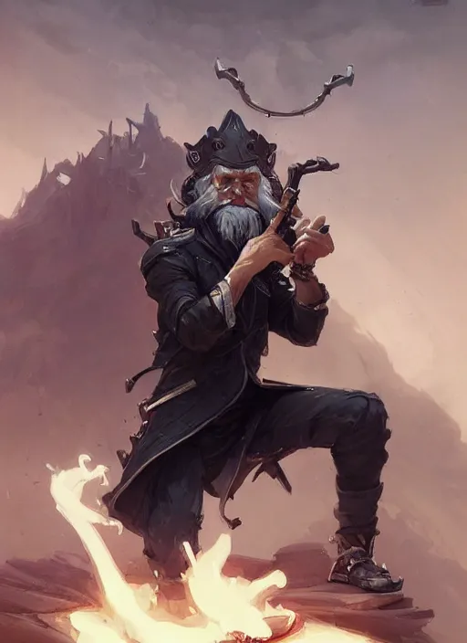 Image similar to low angle picture of a weapon master, holding a ego weapons to the camera, long black jacket, neat white beard and hair, bored, tired, smoking, ego weapons all over the place, squat down pose, highly detailed face, intricate, masterpiece, epic fantasy illustrations by peter mohrbacher and anato finnstark and jeremy lipking