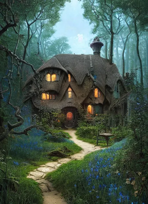 Image similar to hyper realistic homely ornate modern witch cottage distant down a path in the woods gorgeous lighting, blue sky, highly detailed, lush forest by zdzisław beksinski and norman rockwell and greg rutkowskiweta studio, and lucasfilm