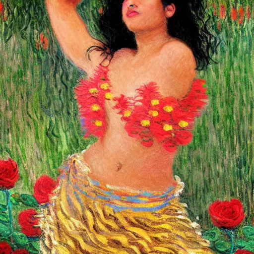 Image similar to beautiful tan mexican woman, full body, dancing in a field of roses and many other exotic flowers, prominent rosy cheek bones, black hair and brown eyes, monet and da vinchi art style,