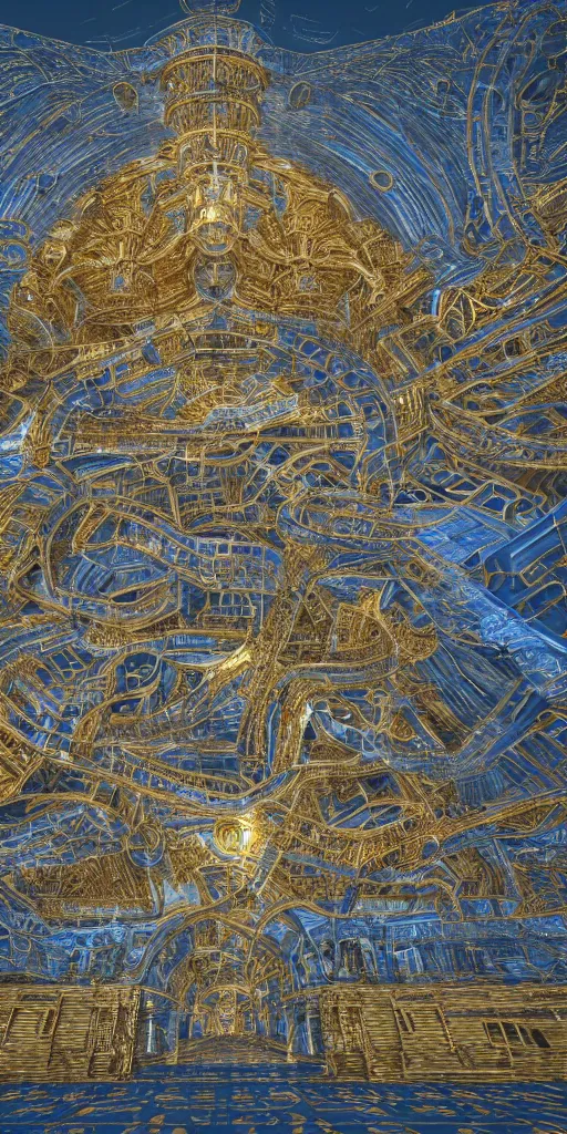 Prompt: full body shot of a huge architectural complex made of gold and metal and blue iron, excavated by blue rivers, victorian ornaments, highly detailed, technical, render, digital blueprint, concept art, sharp focus, global illumination, ray tracing, nvidia, realistic shaded, octane render