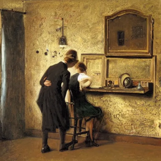 Image similar to a young man and a young woman solving an escape room puzzle, mysterious markings on the wall, by alfred stevens