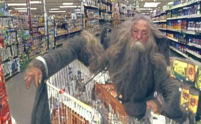 Prompt: security cam vhs footage of gandalf caught drunk stumbling around walmart,