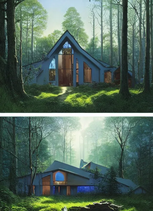 Image similar to hyper realistic witchy modern house with mood lighting and tech in the woods gorgeous lighting, sunbeams blue sky, highly detailed, lush forest foliage painting by zdzisław beksinski and norman rockwell and greg rutkowski weta studio, and lucasfilm