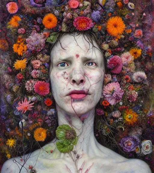 Prompt: portrait, stranger psycho, covered in flowers, horror, by michael page, alyssa monks, julie heffernan, glenn brown, naoto hattori, brian froud, nicola samori, paolo roversi, kilart, 8 k, hyper detailed, hyper realism, acrylic paint, surrealism.