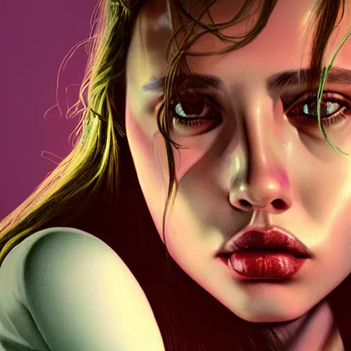 Prompt: the closeup portrait of an absurdly beautiful, graceful, cool, laid - back, young fashionable eighties horror film actress, an ultra finely detailed illustration, natural linework, mystic colors, smooth skin, laid back features, unreal engine 5 highly rendered, global illumination, vibrant natural light, detailed and intricate environment