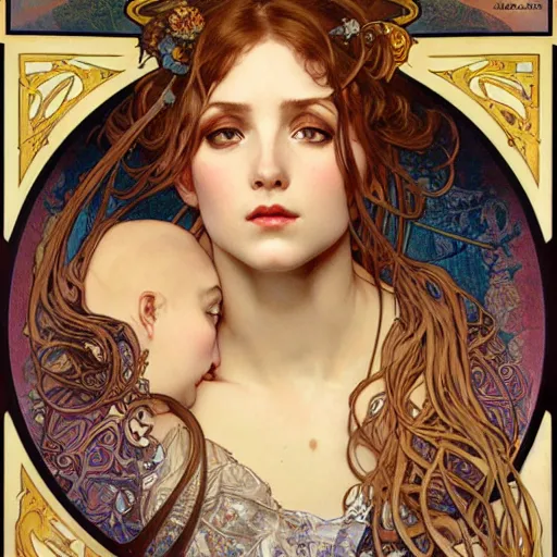 Prompt: realistic detailed face portrait of Salome by Alphonse Mucha, Ayami Kojima, Amano, Charlie Bowater, Karol Bak, Greg Hildebrandt, Jean Delville, and Mark Brooks, Art Nouveau, Neo-Gothic, gothic, rich deep colors