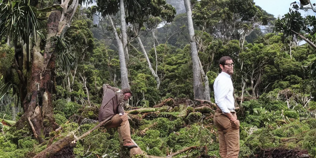 Image similar to bbc tv presenter louis theroux interviewing men cutting down extremely large kauri trees. great barrier island, 1 9 3 0 s tv show. beach with large boulders in background. nikau palms.