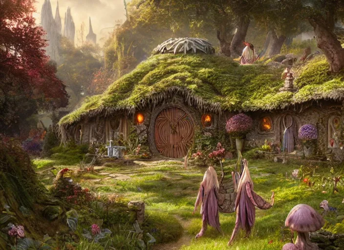 Prompt: winged female elves in the shire scenery landscape, lord of the rings, mushroom house, flowers, highly detailed, perfect lighting, perfect composition, 8 k, artgerm, derek zabrocki, greg rutkowski