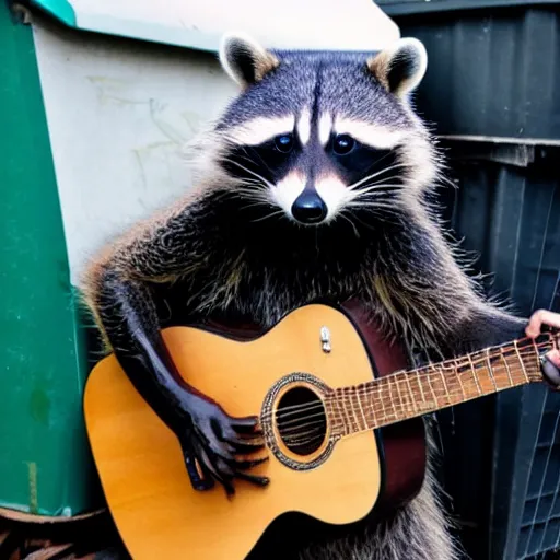 Prompt: raccoon in a leather jacket and playing guitar in a dumpster