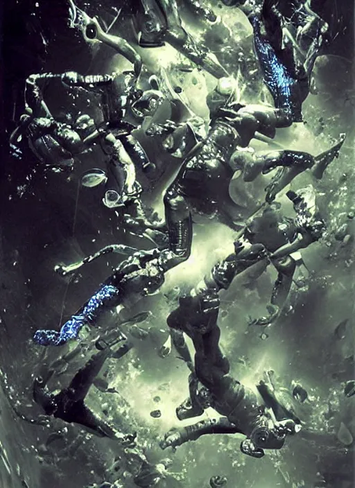 Image similar to astronauts divers in dark void underwater - complex and hyperdetailed technical suit design. reflection and dispersion materials. rays and dispersion of light. volumetric light. f / 3 2. noise film photo. flash photography. ultra realistic, 5 0 mm. poster by wayne barlowe, hajime sorayama aaron horkey, craig mullins