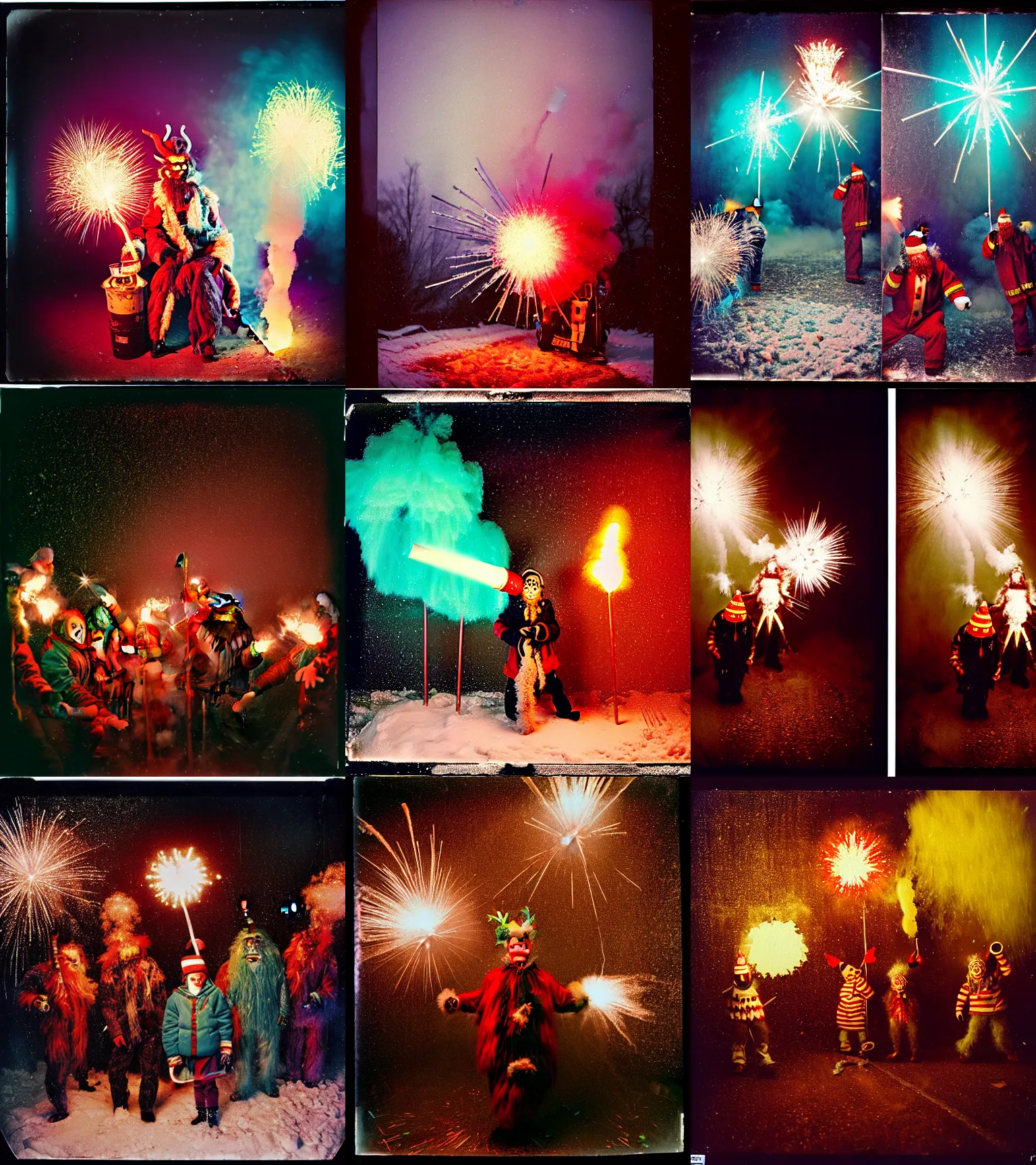 Image similar to kodak portra 4 0 0, wetplate, winter, snowflakes, rainbow coloured rockets, chaos, glitter tornados, award winning dynamic photo of a bunch of hazardous krampus between exploding fire barrels by robert capas, motion blur, in a small pantry at night with colourful pyro fireworks and torches, teal lights