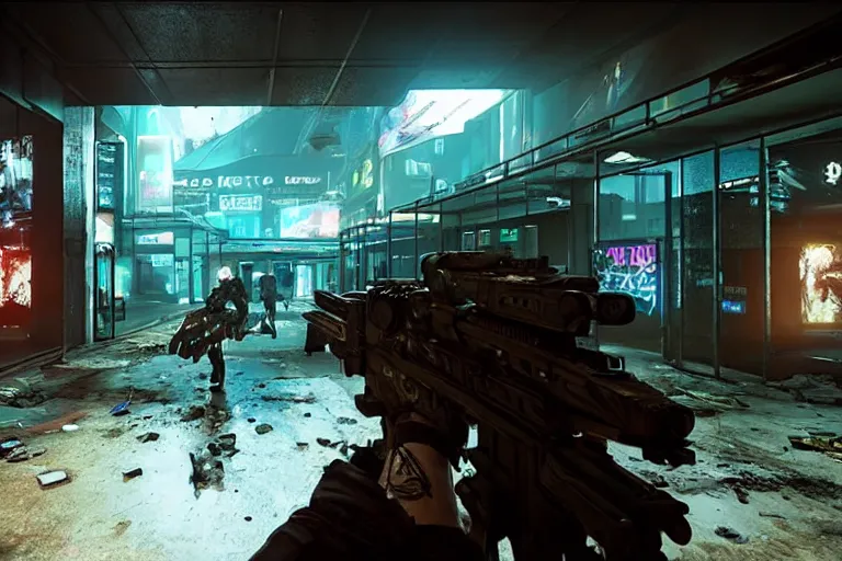 Image similar to hyper realistic fps game trailer on a abandoned cyberpunk shopping mall, a crew of high tech soldiers are in, cinematic lightning, ray tracing, unreal engine, photorealistic fps game concept art, detailed, dark, moody, foggy