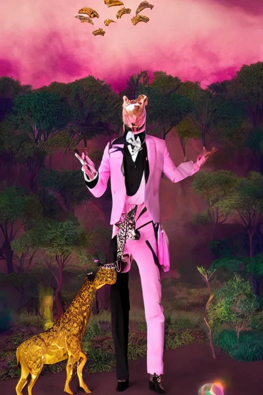 Prompt: Ethereal safari landscape with a pink rainbow sky under a god moonstone, black leather and embroidered Lolita dapper bespoke avant-garde tuxedo in velvet, black and gold rich color, dramatic cinematic lighting, featured on Artstation, extremely detailed by Lisa Frank