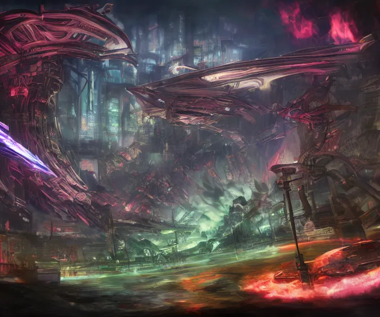 Image similar to neo tokyo, dark fantasy, xenoblade chronicles, concept art, video game, phoenix flames