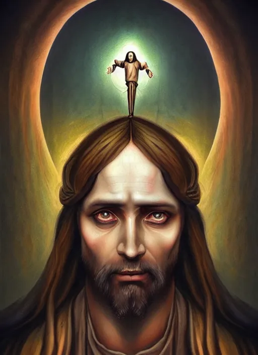 Prompt: a symmetrical matte portrait of steampunk jesus. gaudy bearing. cinematic atmospheric lighting, painted, intricate, ultra - portrait of the innermost soul by dave dorman hieronymus bosch, cyril rolando, esher and natalie shau, whimsical, profound, impossible. trending on devaintart. dark, brooding,