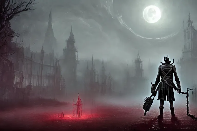 Image similar to an ultra matte painting of a big daddy in the style of bloodborne, concept art by art by john collier and albert aublet and krenz cushart, scary shadows, blood moon eclipse, octane render, liminal space