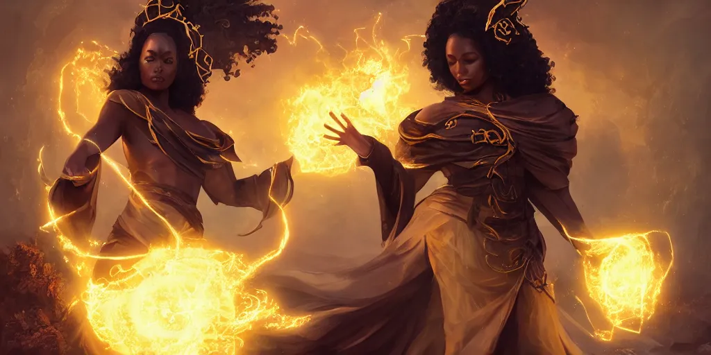 Image similar to gorgeous black woman as a spellcaster mage, singular figure, dynamic pose full body, hands casting a golden fireball spell, extremely intricate flowing robes, obsidian and golden cloak and hood, Octane render, rule of thirds, golden ratio, 8k VFX, Peter Mohrbacher