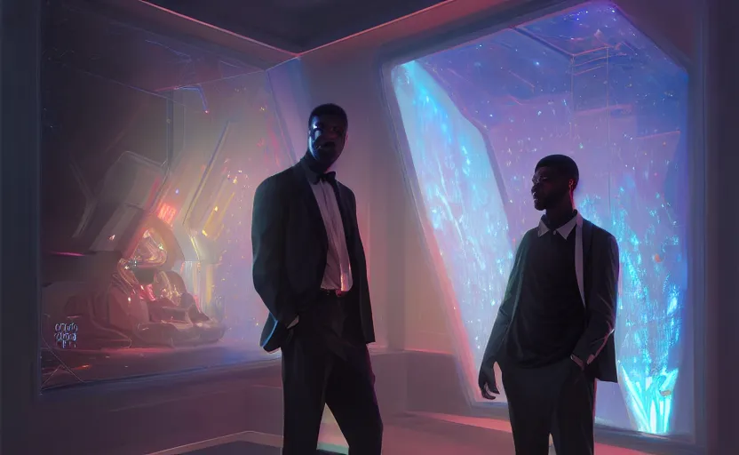Prompt: portrait of handsome black genius staring intently in front of floating three dimensional holographic displays, elegant atmosphere, glowing lights, highly detailed, digital painting, artstation, concept art, smooth, sharp focus, illustration, art by wlop, mars ravelo and greg rutkowski