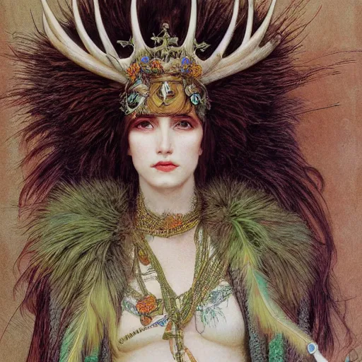 Prompt: a detailed portrait of a green haired brown eyed queen of feathers with an antler crown by wayne barlowe and mucha