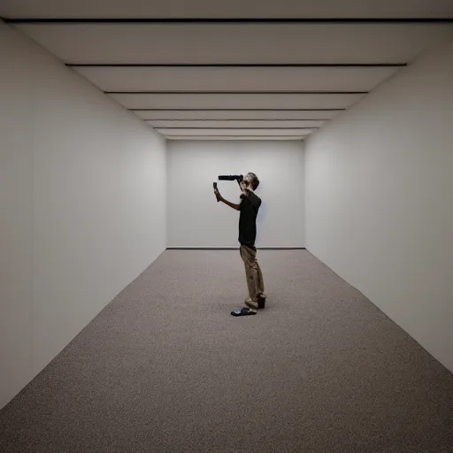 Image similar to a man taking a selfie in a large minimalistic concrete room upholstered sofas fluorescent ceiling lighting and a rectangular water feature in the center, a tilt shift photo by leandro erlich, featured on cg society, kitsch movement, hall of mirrors, high dynamic range, studio portrait