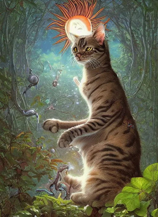 Image similar to a hyper realistic cat god with happy lighting and technology jewelry in the woods gorgeous lighting, sunbeams blue sky, lush forest foliage painting by chiara bautista and beksinski and norman rockwell and greg rutkowski weta studio, and lucasfilm