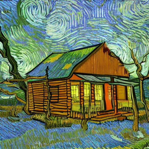 Image similar to a painting of a Eerie cabin in the middle of the woods in the style of Vincent van gogh