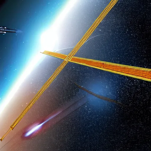 Prompt: wide shot of flying train track in space orbit around planet earth, epic award winning cinematic still