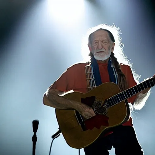 Prompt: willie nelson on stage, four fingers holding guitar. god rays through fog.