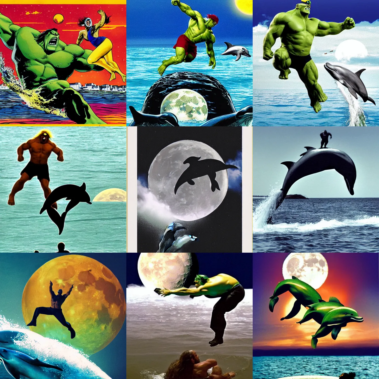 Prompt: A photograph of Hulk Hogan riding on top of a dolphin jumping over the moon