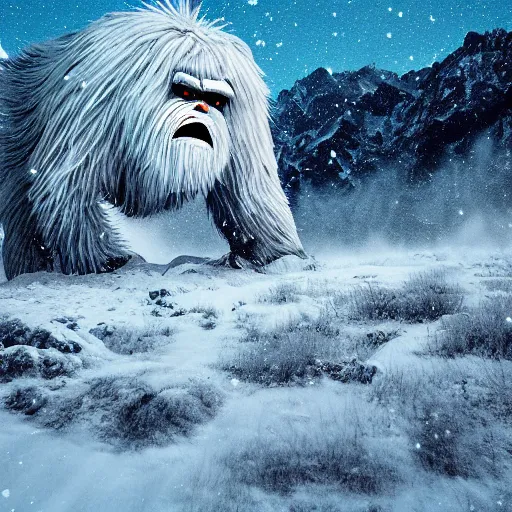 Prompt: a monstrous yeti wanders through a mountainous snowy landscape