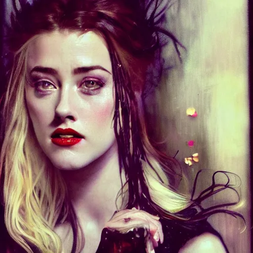 Image similar to hyperrealistic portrait of a woman as amber heard as a vampire witch tears makeup bun in a black flower coat turned back reflection in a window portrait cracks with falling petals. by jeremy mann and alphonse mucha, fantasy art, photo realistic, dynamic lighting, artstation, poster, volumetric lighting, very detailed faces, 4 k, award winning