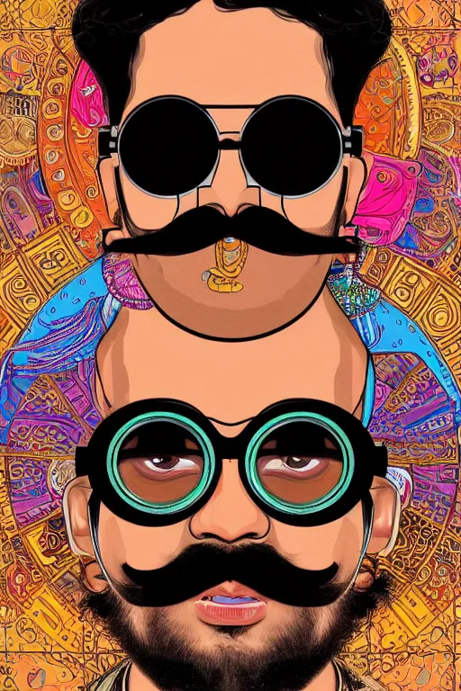 Image similar to face portrait of an indian man with long neon moustache rajasthani pagdi wearing steampunk goggles and jewelry, art by butcher billy and mucha, sticker, colorful, illustration, highly detailed, simple, smooth and clean vector curves, no jagged lines, vector art, smooth