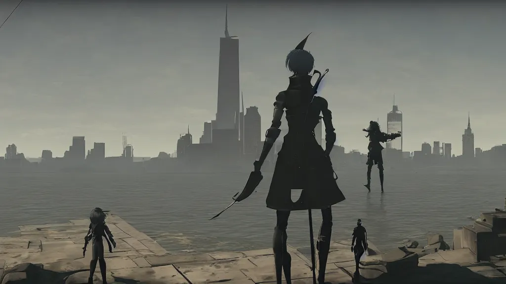 Prompt: Screenshot from Nier Automata, near the Statue of Liberty