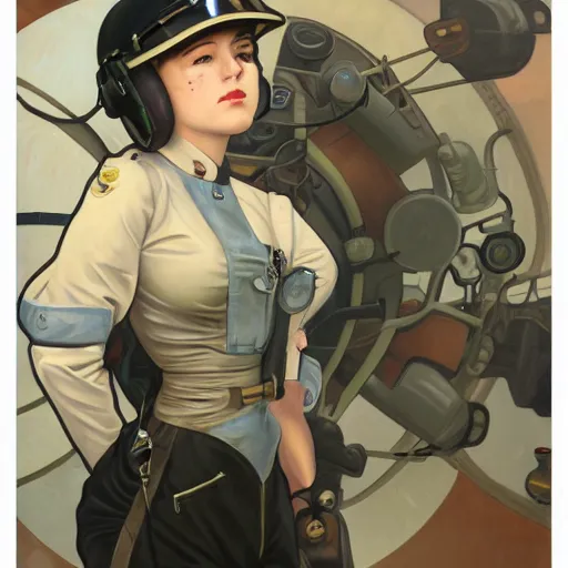 Image similar to A female airship pilot, dieselpunk, oil on canvas, in the style of Range Murata and Alphonse Mucha