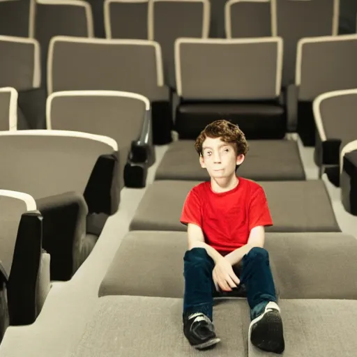 Image similar to real photo of a boy sitting alone in a cinema, extremely detailed and intricate