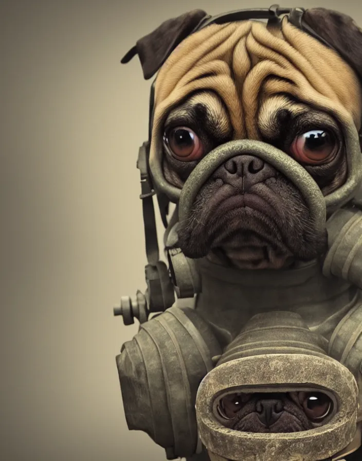 Image similar to a dog pug wearing a gas mask, intricate artwork by artstation. octane render, cinematic, hyper realism, 8k, depth of field.