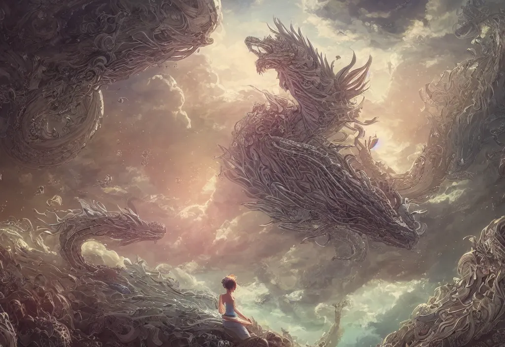 Image similar to the beautiful hyper detailed scene render that a lonely single beautiful girl lies in the arms of a huge silver dragon alone in the fairyland surrounded by white clouds, in the style of makoto shinkai victo ngai and peter mohrbacher studio ghibli artgerm karol bak beeple, cinematic, absolutely beautiful, ultra wide angle, animation style, 8 k hd