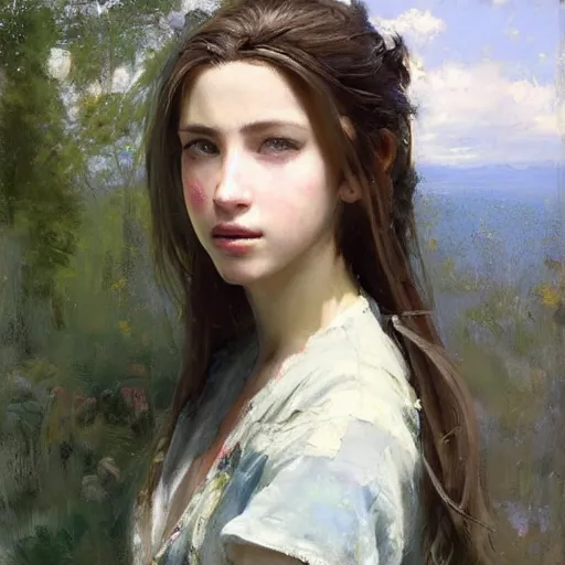 Image similar to Richard Schmid and Jeremy Lipking and antonio rotta, full length painting of Aerith from Final Fantasy