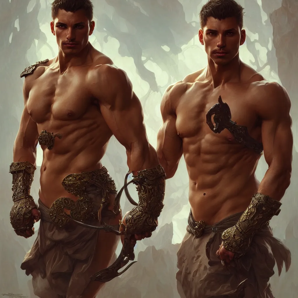 Prompt: male fighter, muscular upper body, D&D, fantasy, intricate, elegant, highly detailed, digital painting, artstation, concept art, smooth, sharp focus, illustration, art by artgerm and greg rutkowski and alphonse mucha